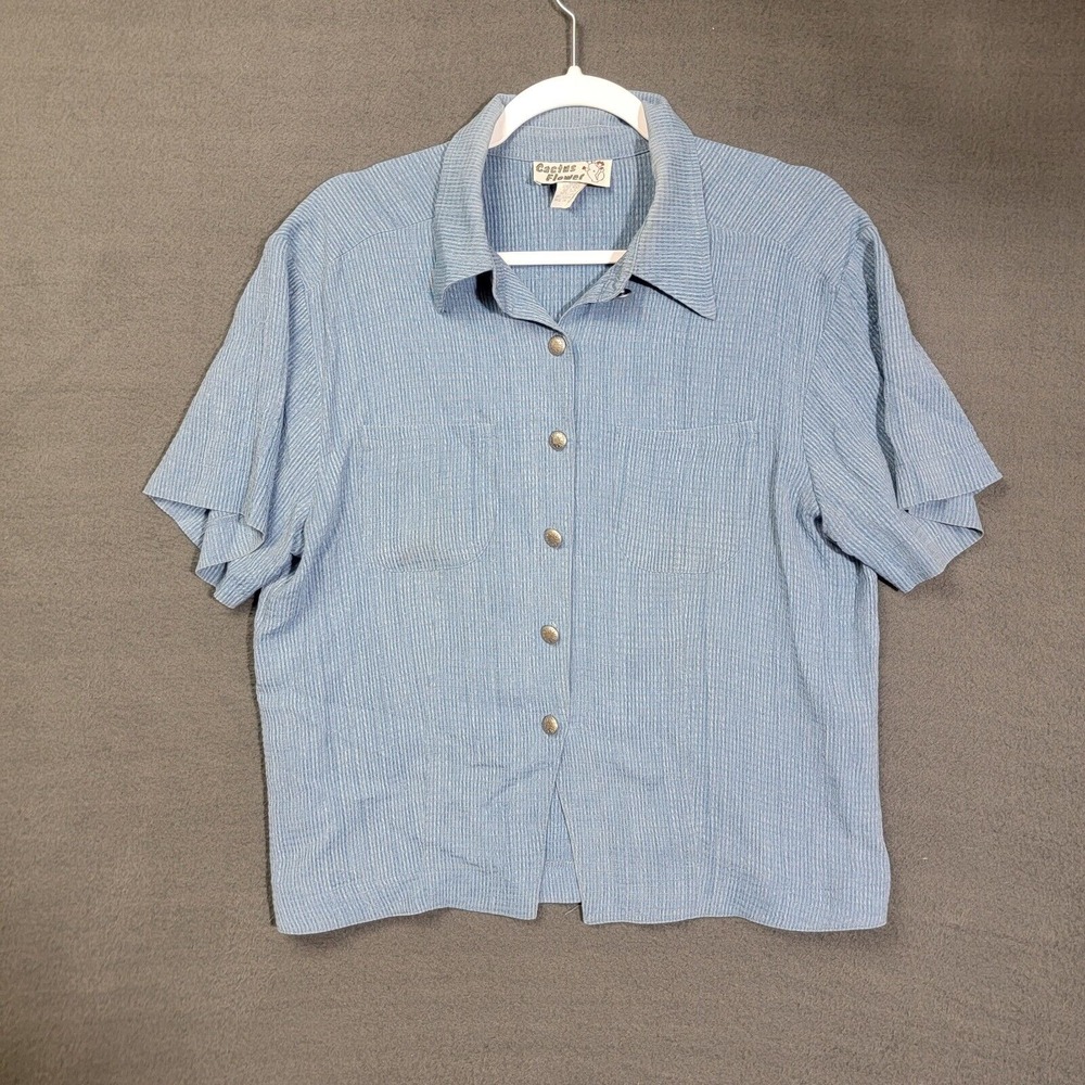 Cactus Flower Women's Button Up Blue Shirt Size MEDIUM Short Sleeve T